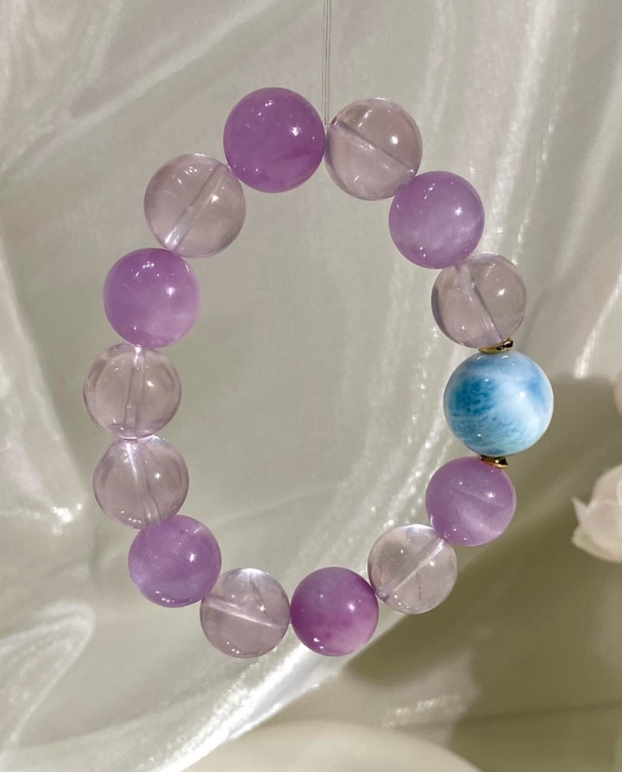 LUSA FEELA Natural Kunzite Larimar Crystal Beaded Stretch Bracelet Gift