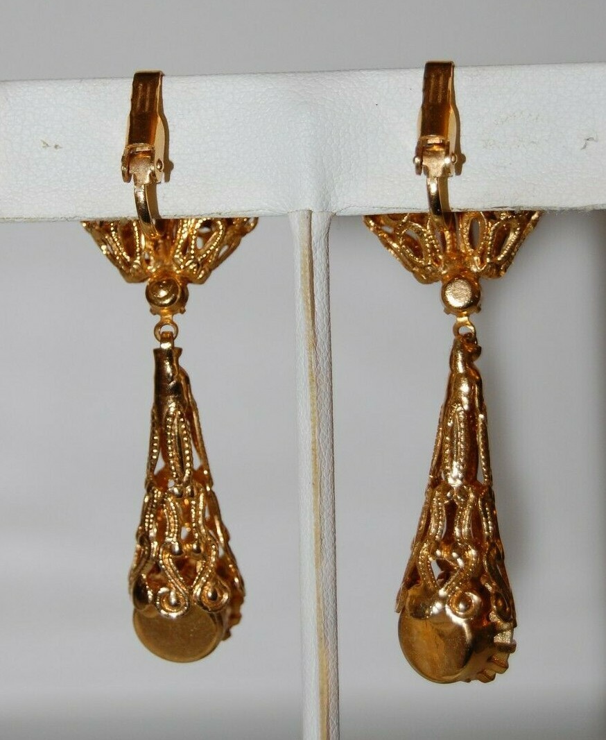 ELEGANT VTG CLEAR CRYSTALS FILIGREE ANTIQUE STYLE DROP DANG GOLDEN CLIP EARRINGS