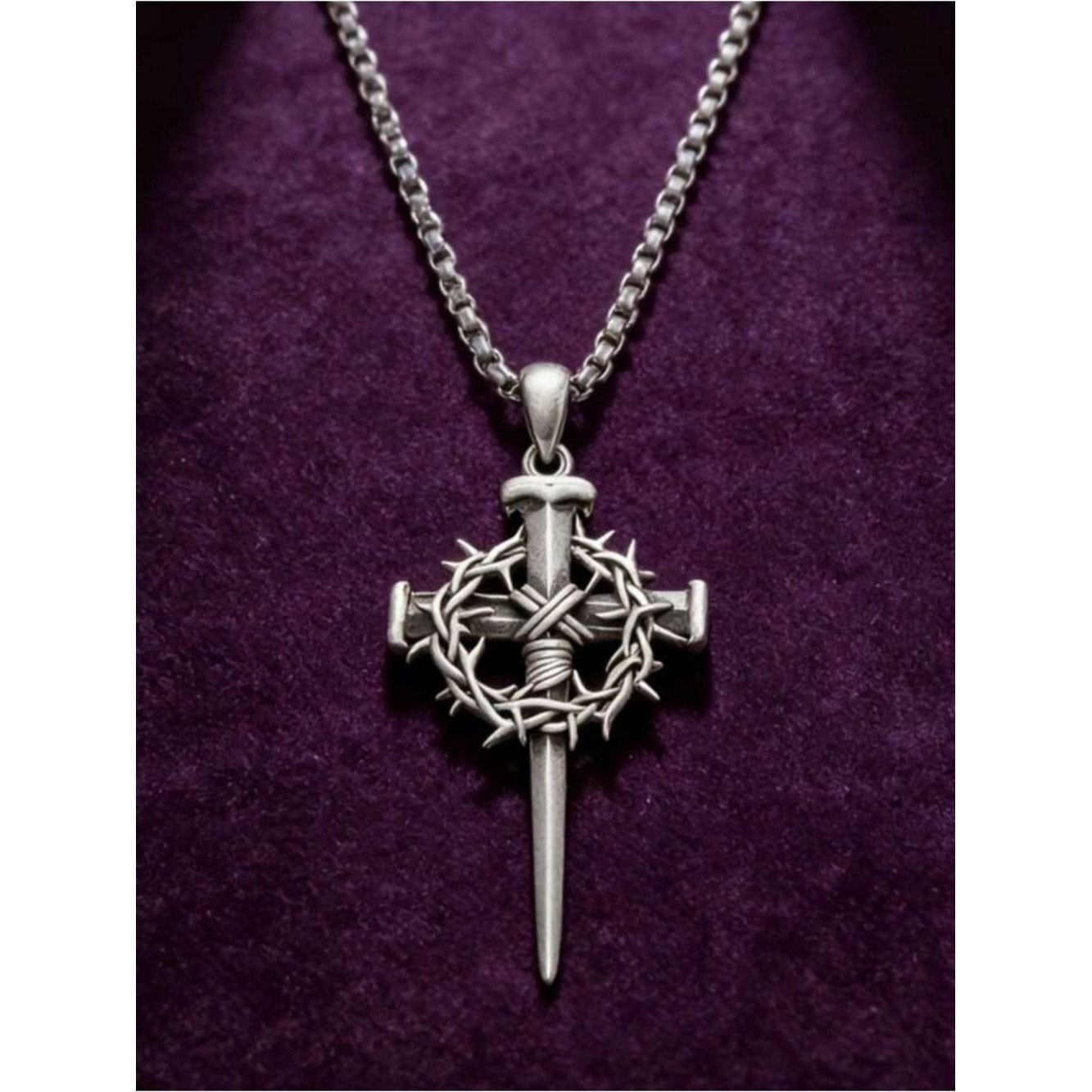 Silver Tone Cross & Crown of Thorns Pendant Necklace
