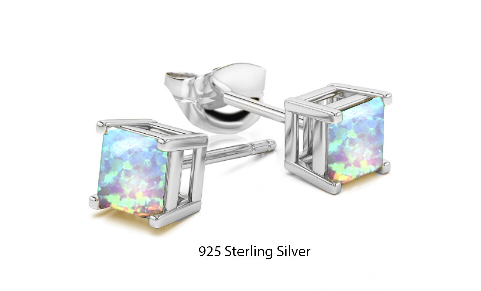 925 Silver Charm Blue & white Fire Opal Square Cut Earrings Stud Women Jewelry