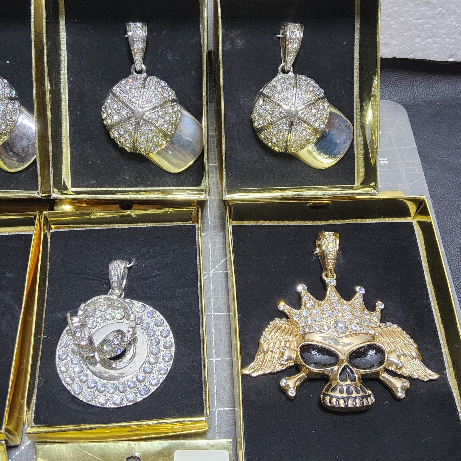 15 Blinged out phat ice plated pendants winged skulls rhinestones caps turntable