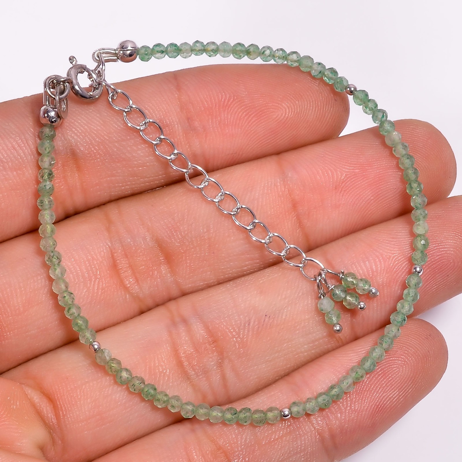 Natural Green Aventurine 925 Sterling Silver Beads Bracelet 7-9″ AAA P-825