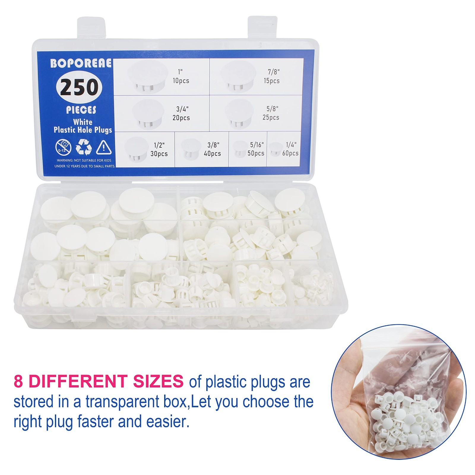 250 PCS Nylon Plastic Hole Plugs – 8 Sizes for Round Holes, Flush Type Caps