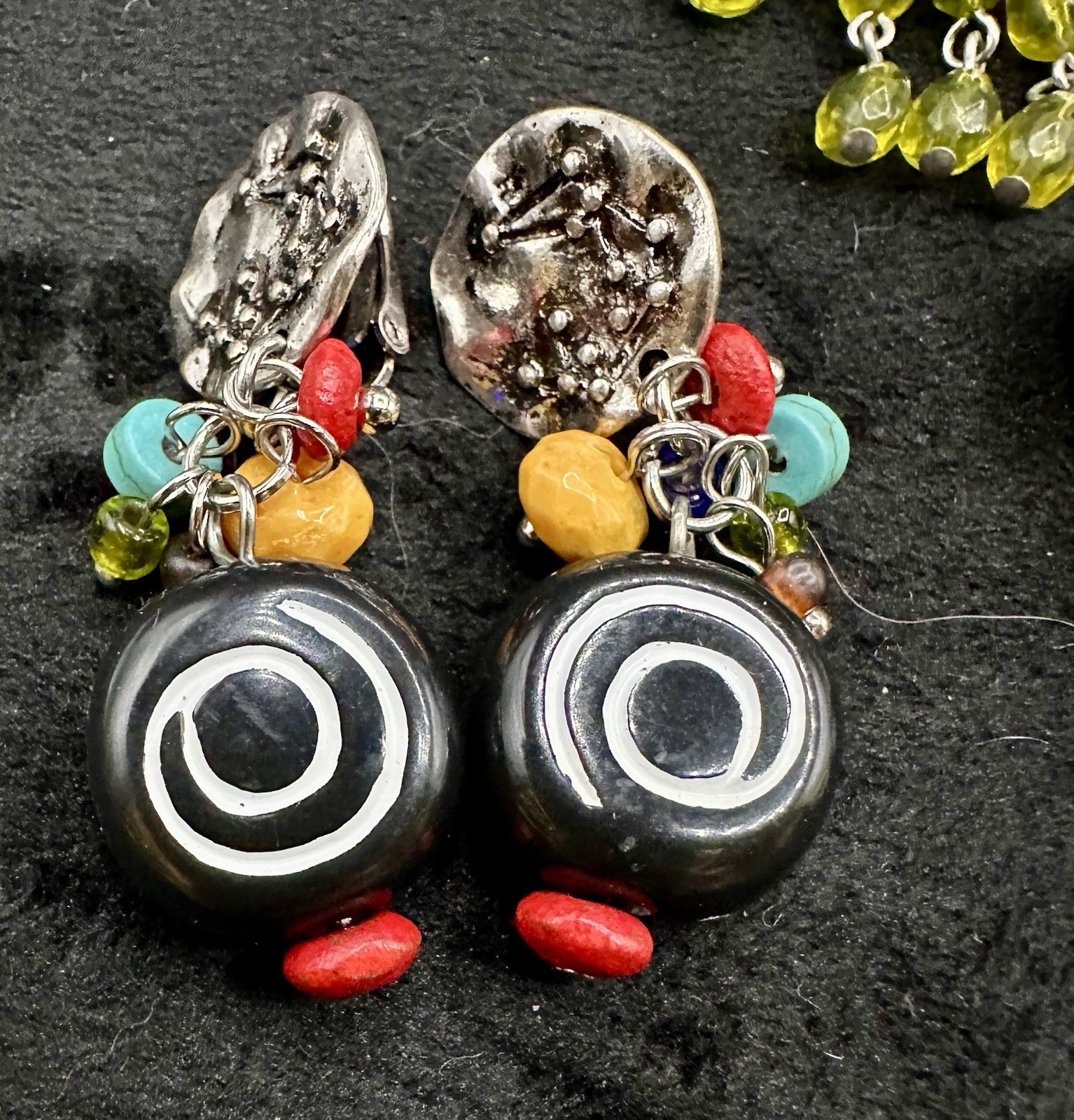 Vintage Lot Of 4 Clip On Earrings Glass Wood Plastic Multicolor BOHO HIPPIE