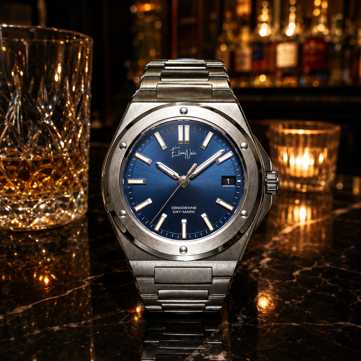 Custom Élan Noir Day-Mark Auto NH35 Watch Navy Dial Sapphire Glass Steel 41mm