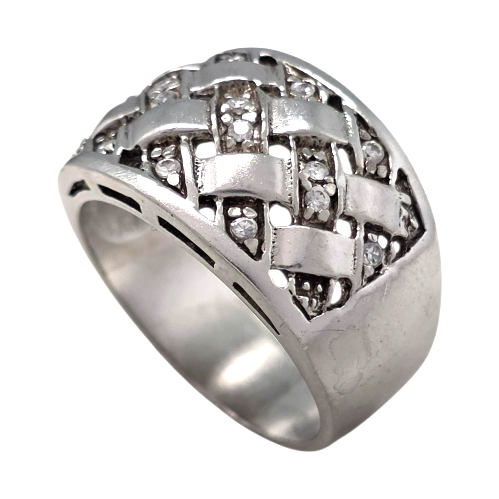 BEAUTIFUL STERLING SILVER 12MM BASKETWEAVE WHITE STONE SIZE 6 RING 5.7GR #2042