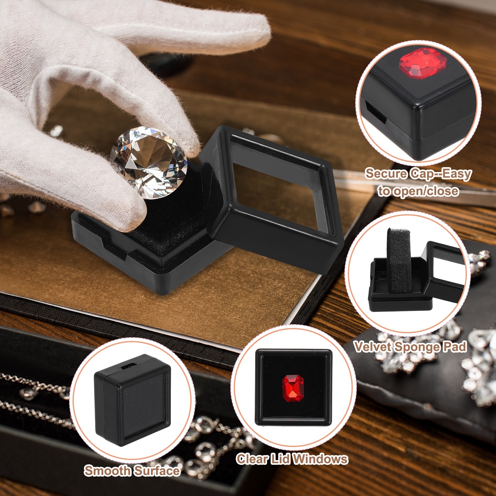 3.9×2.6×0.7 Inch Gemstone Display Box 12 Pcs Square Containers, Black/White
