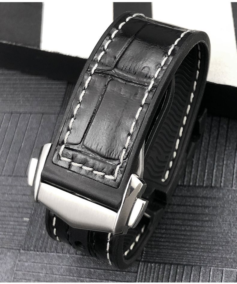 Fits Omega Semaster Planet Ocean 600 Black Leather Strap Rubber Lining Band 21mm