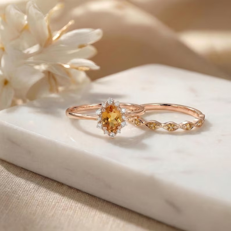 14k Yellow Gold Plated 2.00Ct Round Cut Simulated Citrine Womens Bridal Ring Set