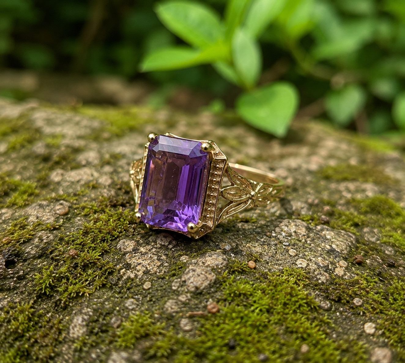 4Ct Emerald Cut Lab Created Amethyst Halo Engagement Ring 14K Yellow Gold Plated