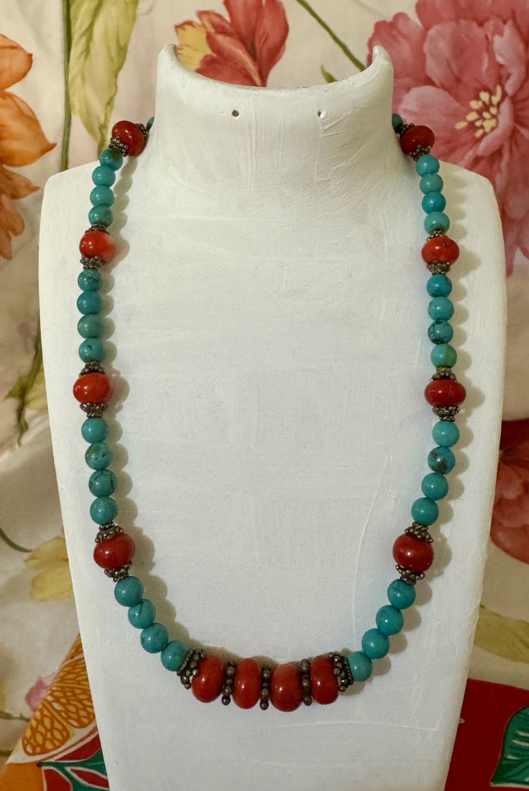 Vintage Native America Southwest Turquoise, Red Coral & Sterling Necklace