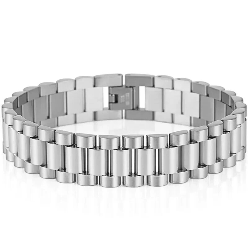 15MM Wide 8/8.86‘’ Watch Chain Wristband Bracelet Gold Plated Stainless Steel