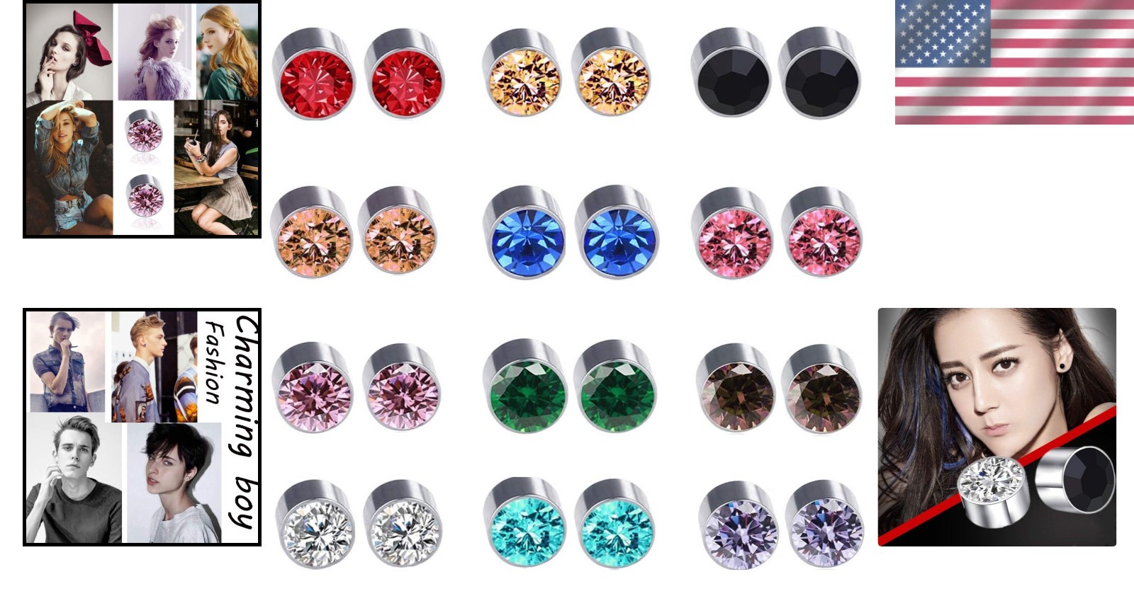 Gift-Ready 12 Pairs Crystal Magnetic Earrings – Non-Piercing Studs in 12 Colors