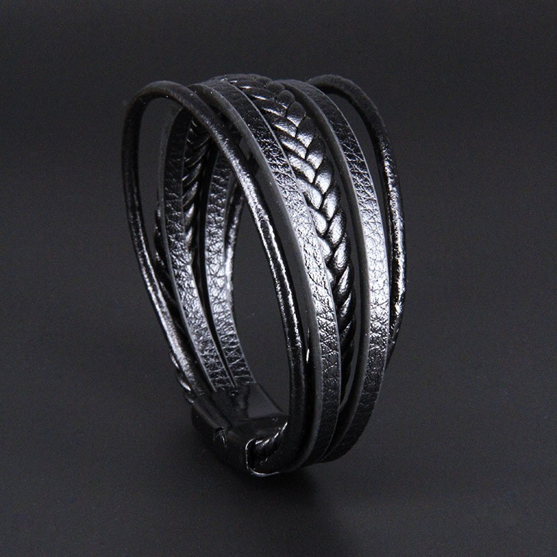 Unisex Leather Braided Wrap Bracelet – Black 21cm