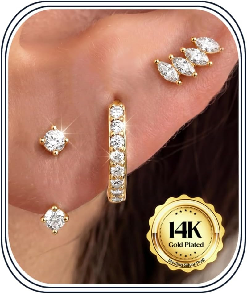 3 Pairs 925 Sterling Silver Earrings for Women, 14K Gold Plated Small Huggie Hoo