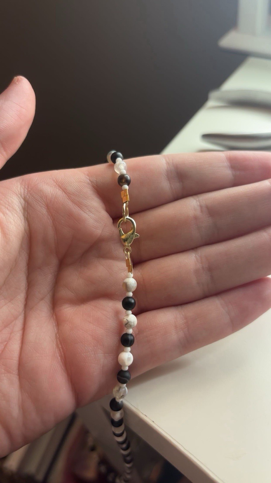 Black White Handmade Beaded Necklace with gold seashell charm