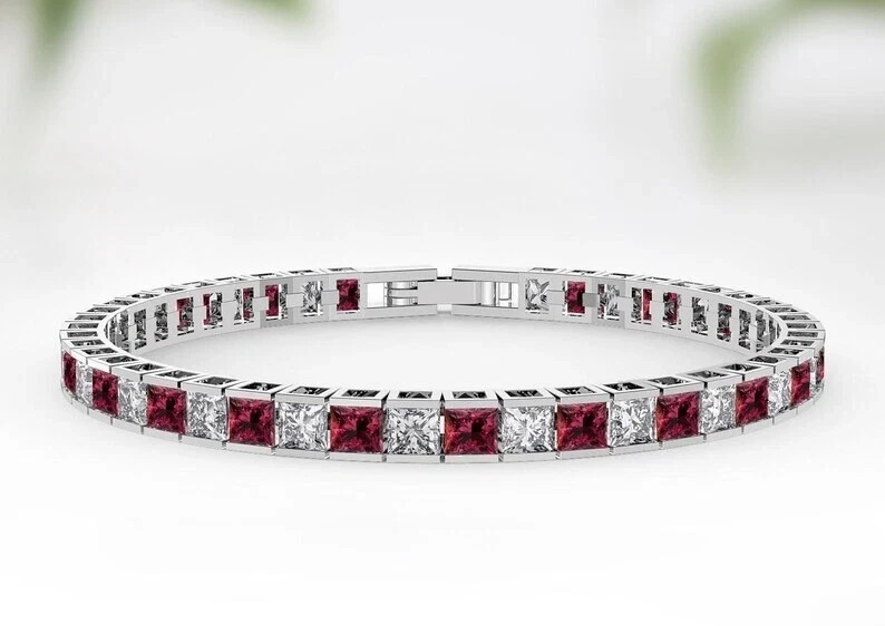 15 Ctw Created Princess Cut Red Garnet & Diamond Tennis Bracelet 14K Gold Plated