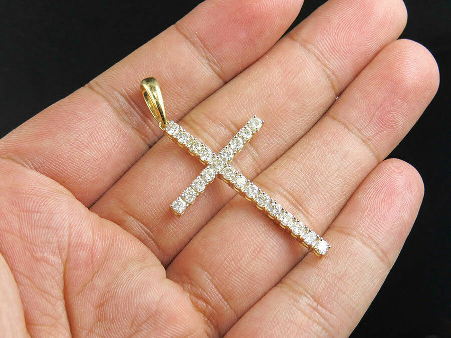 14K Yellow Gold Finish One Row Shared Prong Diamond Cross Pendant Charm 2 ct