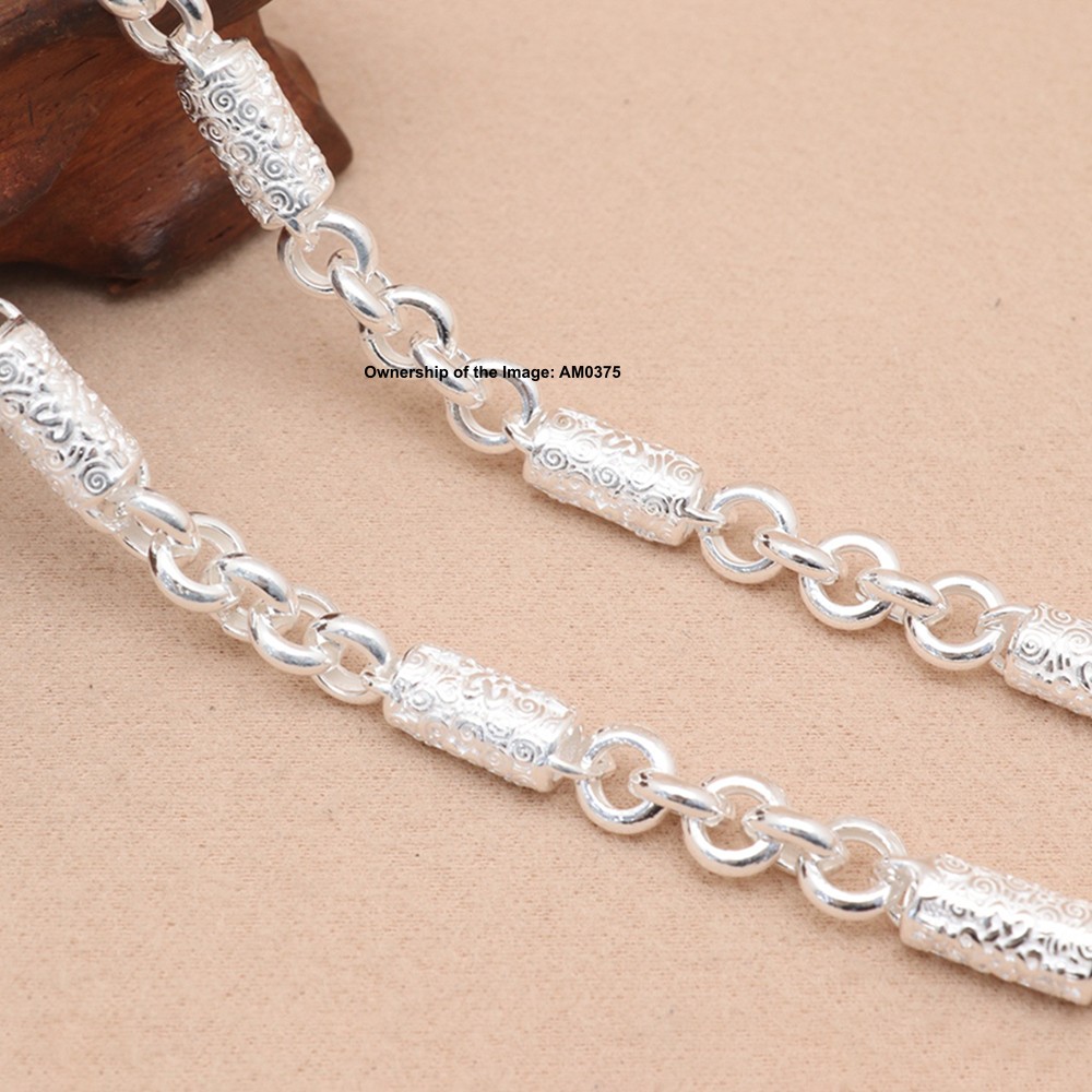 Real S999 Fine Silver Necklace 6.8mm Cloudy Tube and Rolo Link Chain Dragon Head