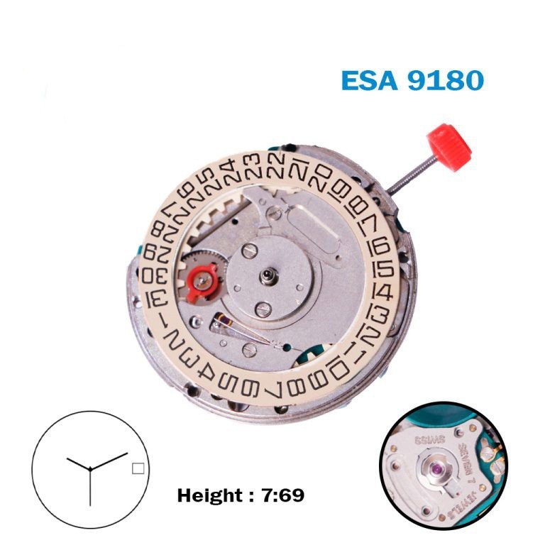 ESA 9180 Swiss Movement-3 Hands-White Date Disk At 3 (CR 05)-7 Jewels-H:7.69mm.