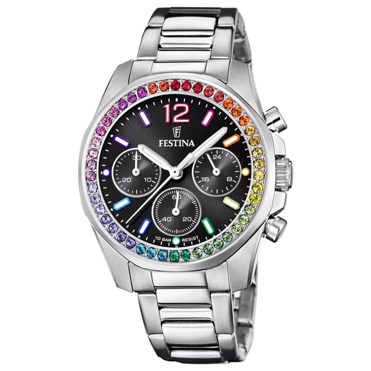 FESTINA F20606/3 Ladies S/Steel Multi Colour CZ Bezel Chrono 2 Year Warranty
