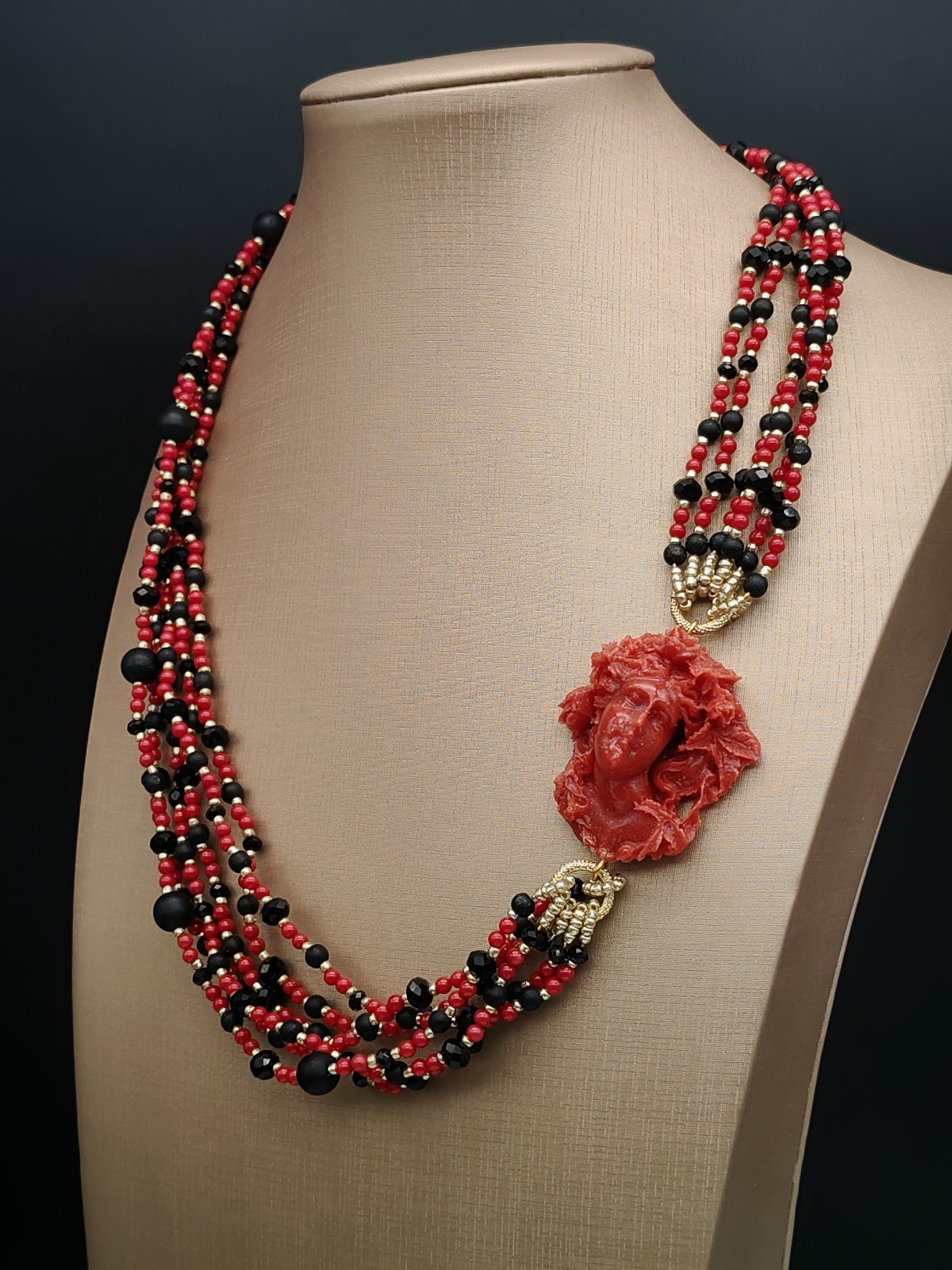 Women Red Coral Cameo Multifilament Elegant Onyx Necklace Made in Italy