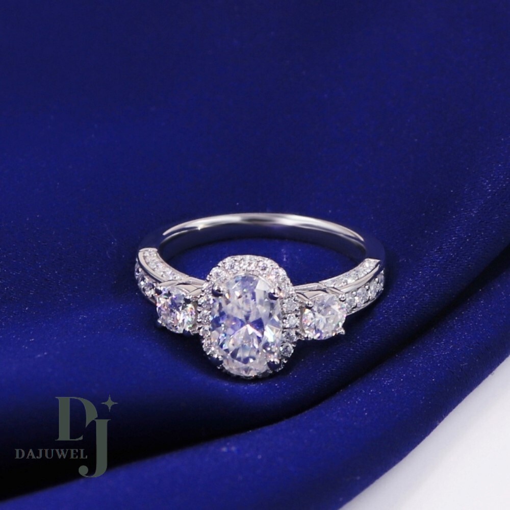 Moissanite Halo Engagement Ring Solid 14K White Gold 3 Carat Oval Cut VVS1