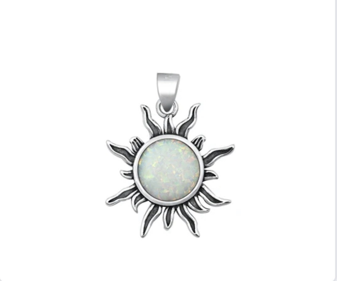 Sterling Silver Sun White Lab Opal Pendant 18″ Necklace Face Height: 19.7mm 🤩