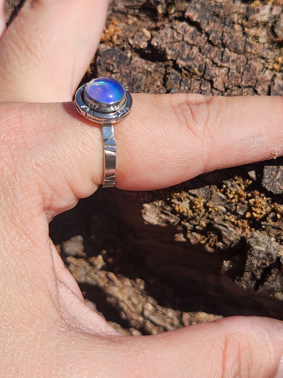 Aurora Opal Handmade Sterling Silver 925 Round Ring, Size 9 Pink Purple