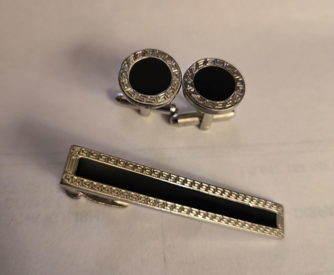Vintage Mens Cufflinks Tie Clip Bar Set Silver Tone Black Onyx Style Greek Key