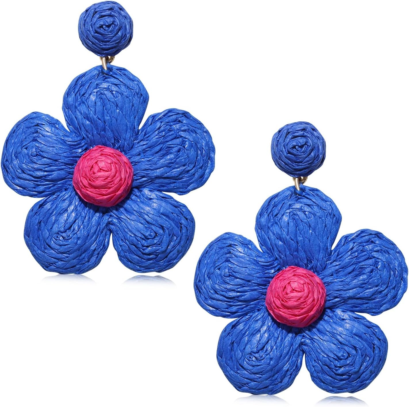 Rattan Flower Drop Earrings Raffia Straw Dangle Beach Jewelry Women