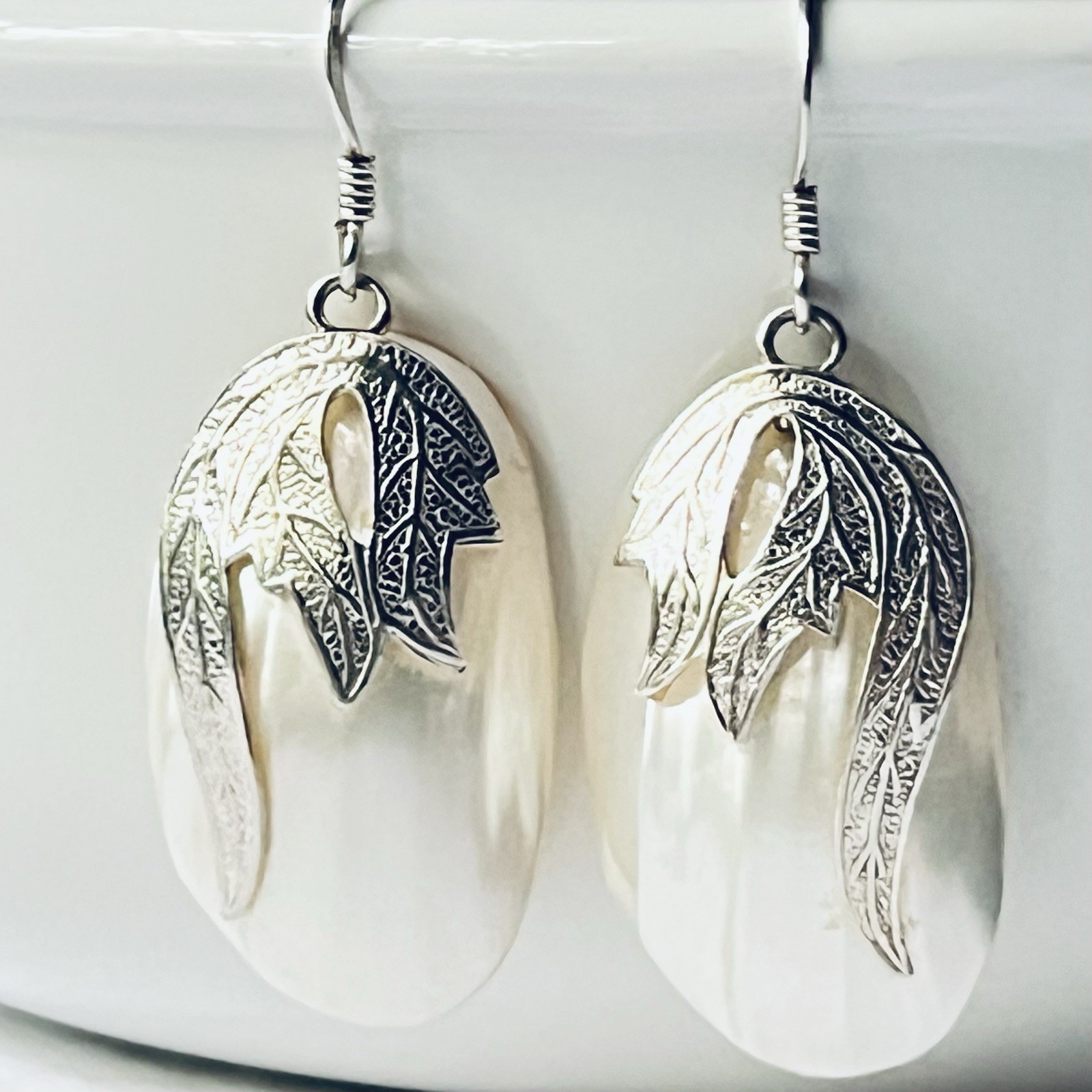 Estate Vintage Sterling Silver 925 Shell Dangle/drop Earrings