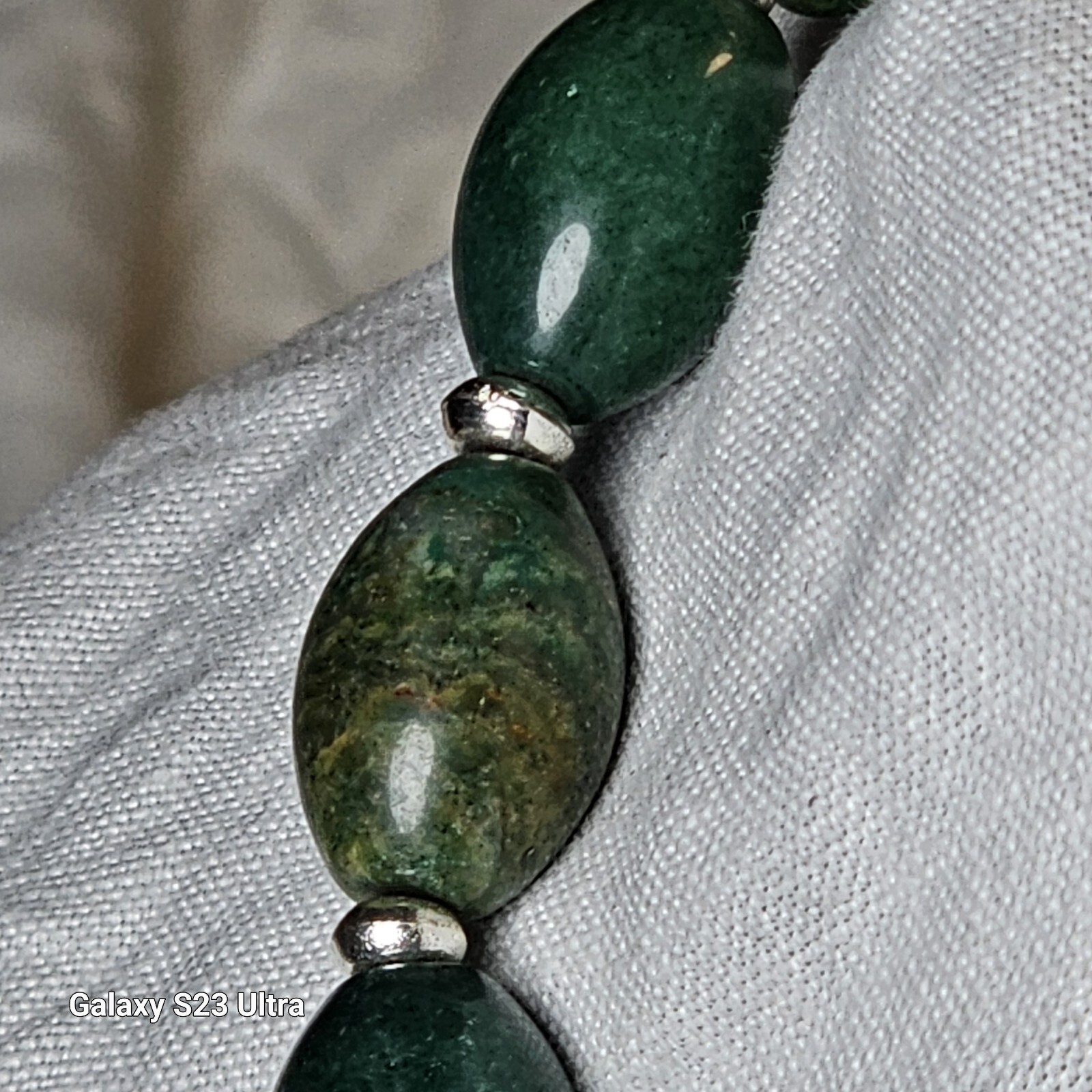 LC Marked green Stone Necklace with Silver Tone Spacers 20″ long