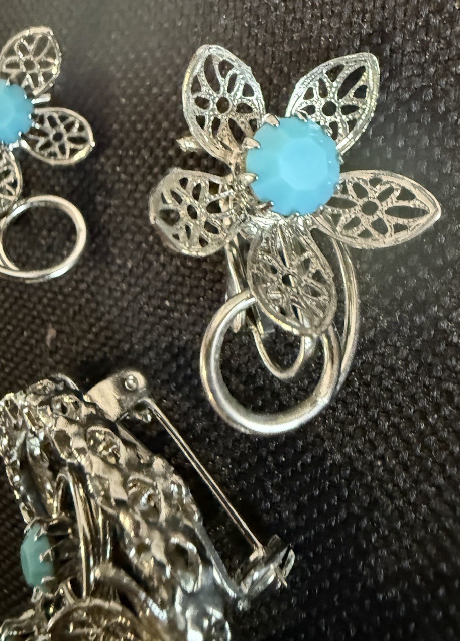 Silver Tone & Blue Faux Stones Brooch And Matching Clip On Earrings