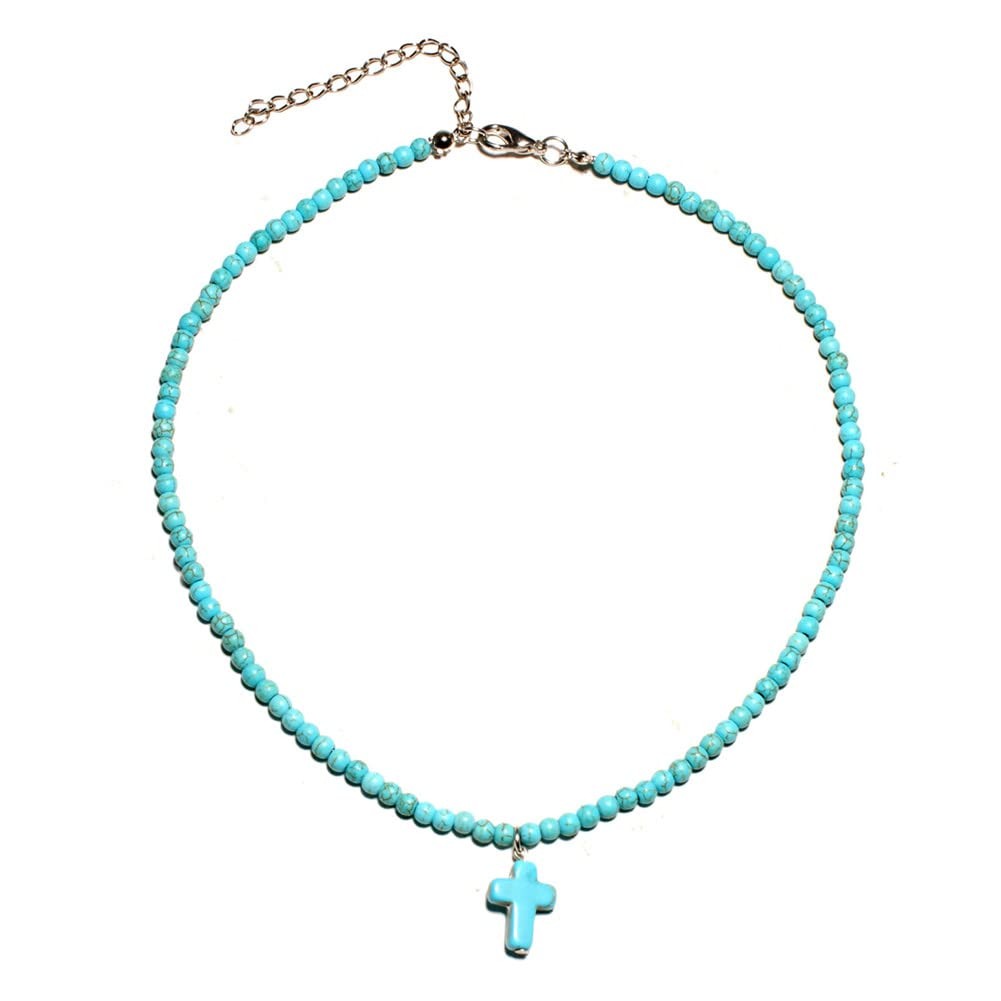Small Dainty Cross Necklace 40 cm (chain length), 4 mm (bead size), 01 Blue