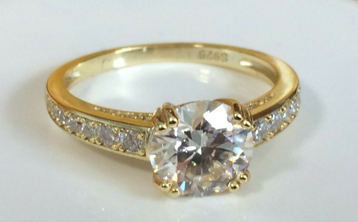 Moissanite Diamond Ring 8mm Round 2ct Stone 14k Gold Plated Sizes 6 to 10 US