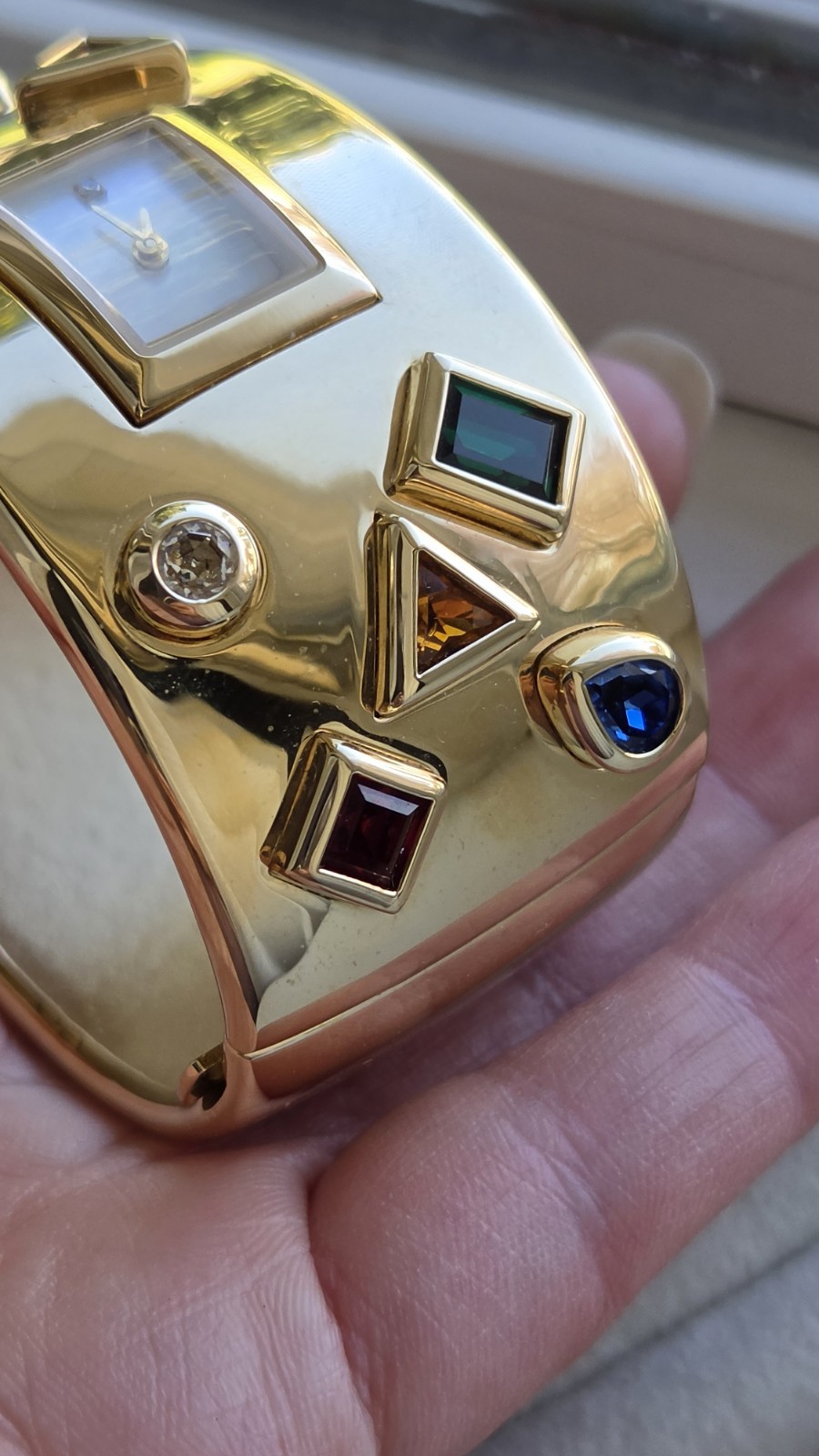 Vintage Franklin Mint Bob Mackie 24k GP Bezel Stone Cuff Watch Estate
