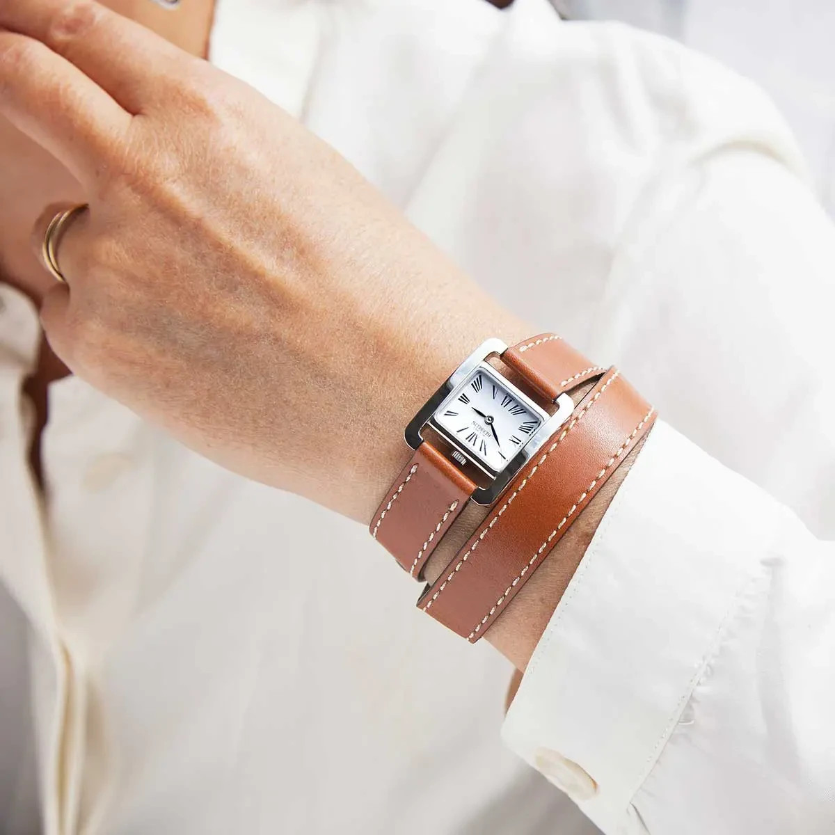 Herbelin 17037AP01GDL Womens Brown Leather Double Bracelet Quartz Watch 22.5mm