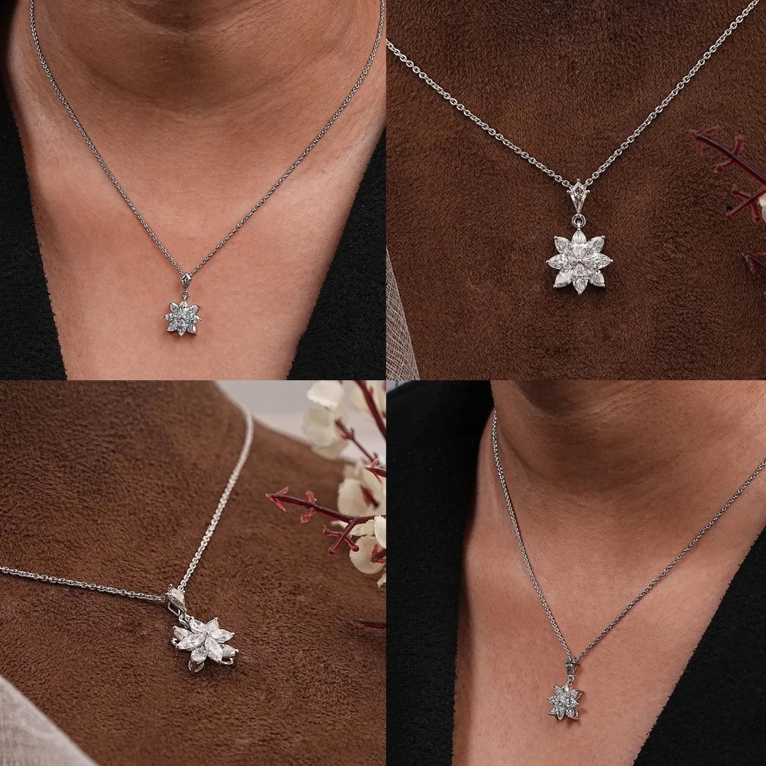 1.90 Ct Marquise EF VS Lab Grown Diamond Flower Shape Necklace in 14K White Gold
