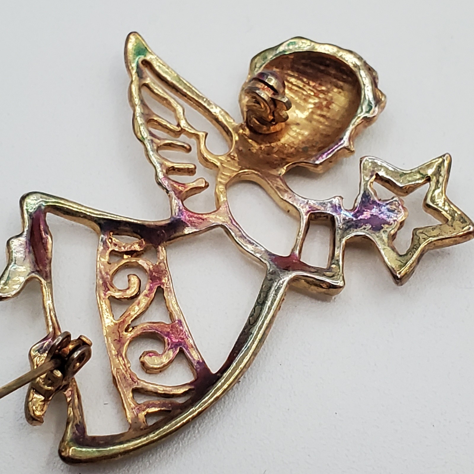 VTG Angel Brooch 2in Gold Tone Angel Star Celestial Open Work Cutout Estate Pin