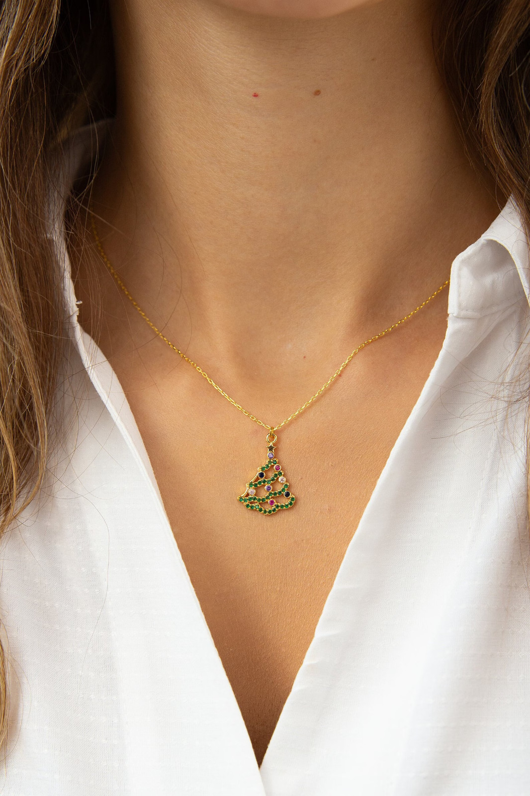 2 Ct Round Simulated Multi Stone Christmas Tree Pendant 14K Yellow Gold Plated
