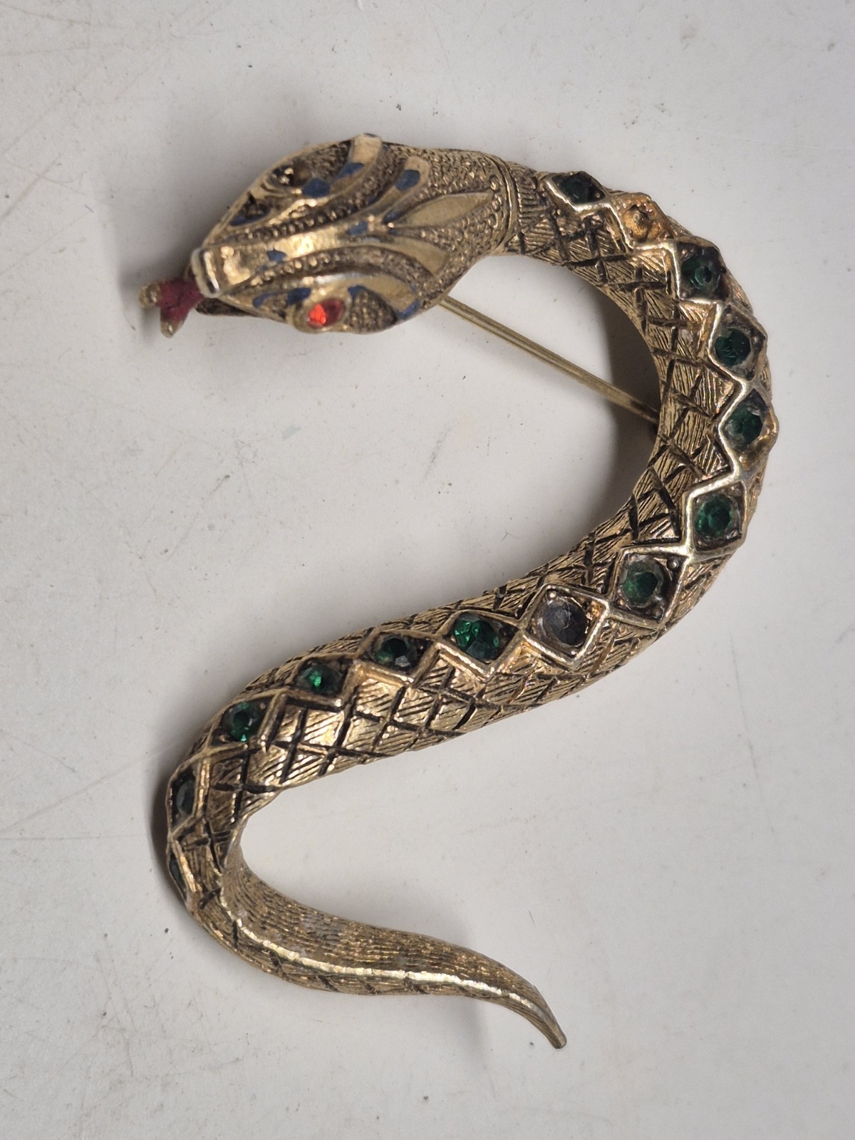 VTG Author Pepper Snake Brooch Pin Gold Whitewashed Snake Red Green Rhinestones
