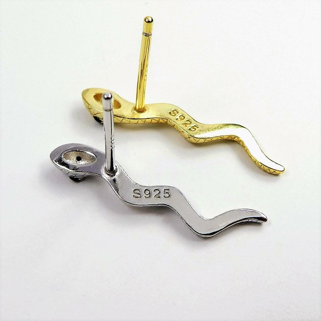 Gold or Silver 925 Sterling Silver Small Snake Stud Earrings Black CZ Eyes Chic