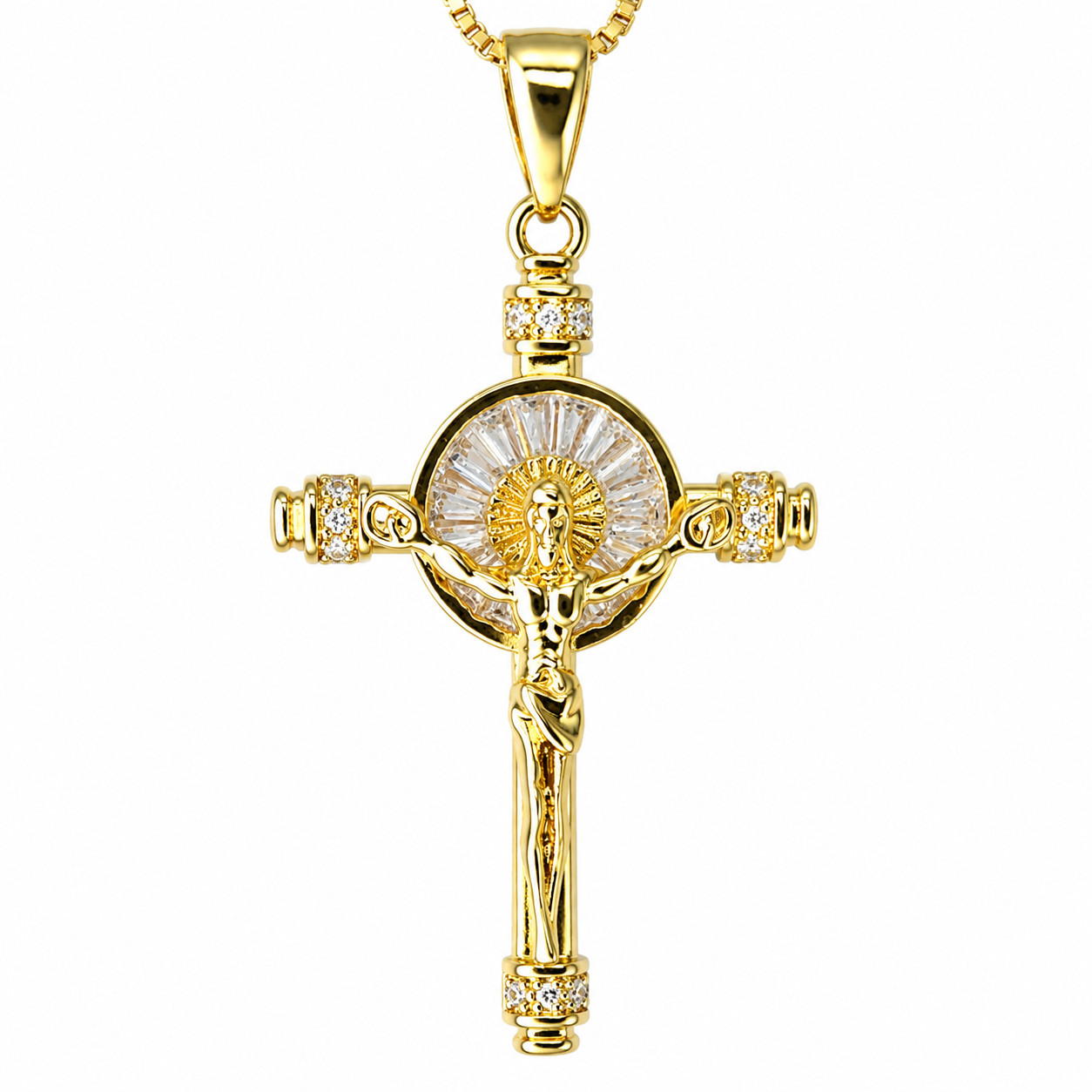 Italian 1/200 Iced CZ Baguette 14k Yellow Gold Oro Jesus Cross Crucifix Pendant