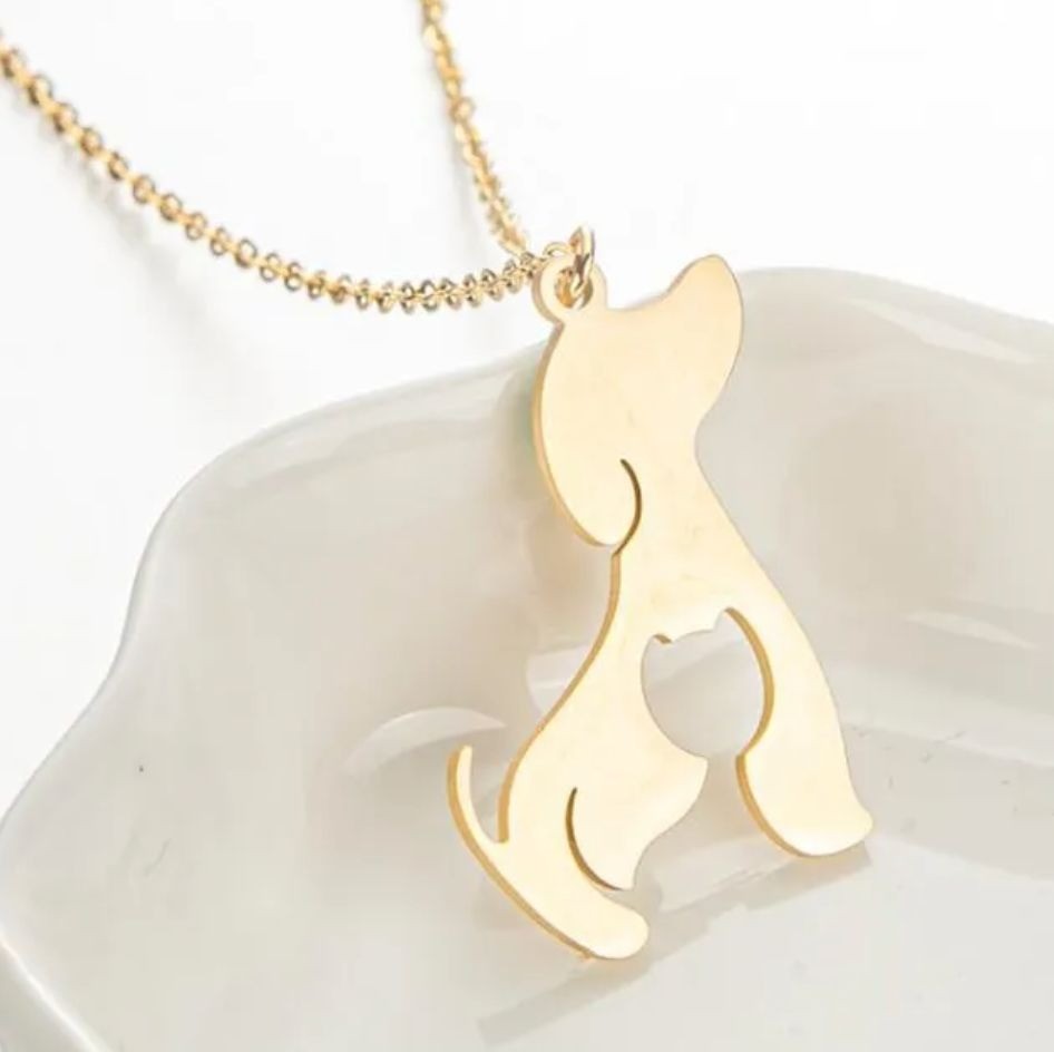 Stainless Steel Cat & Dog Pendant Necklace Gold Tone on Chain