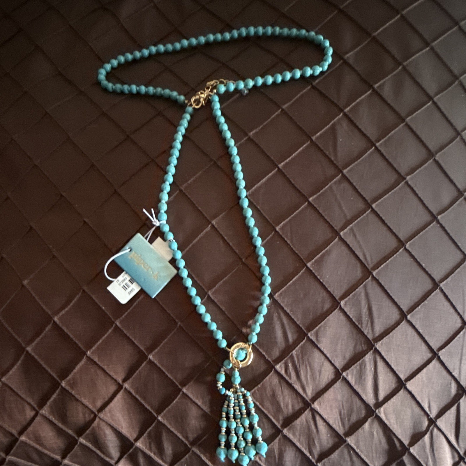 Turquoise Beaded Necklace Gold-Tone Tassel Pendant Adjustable Lobster Clasp