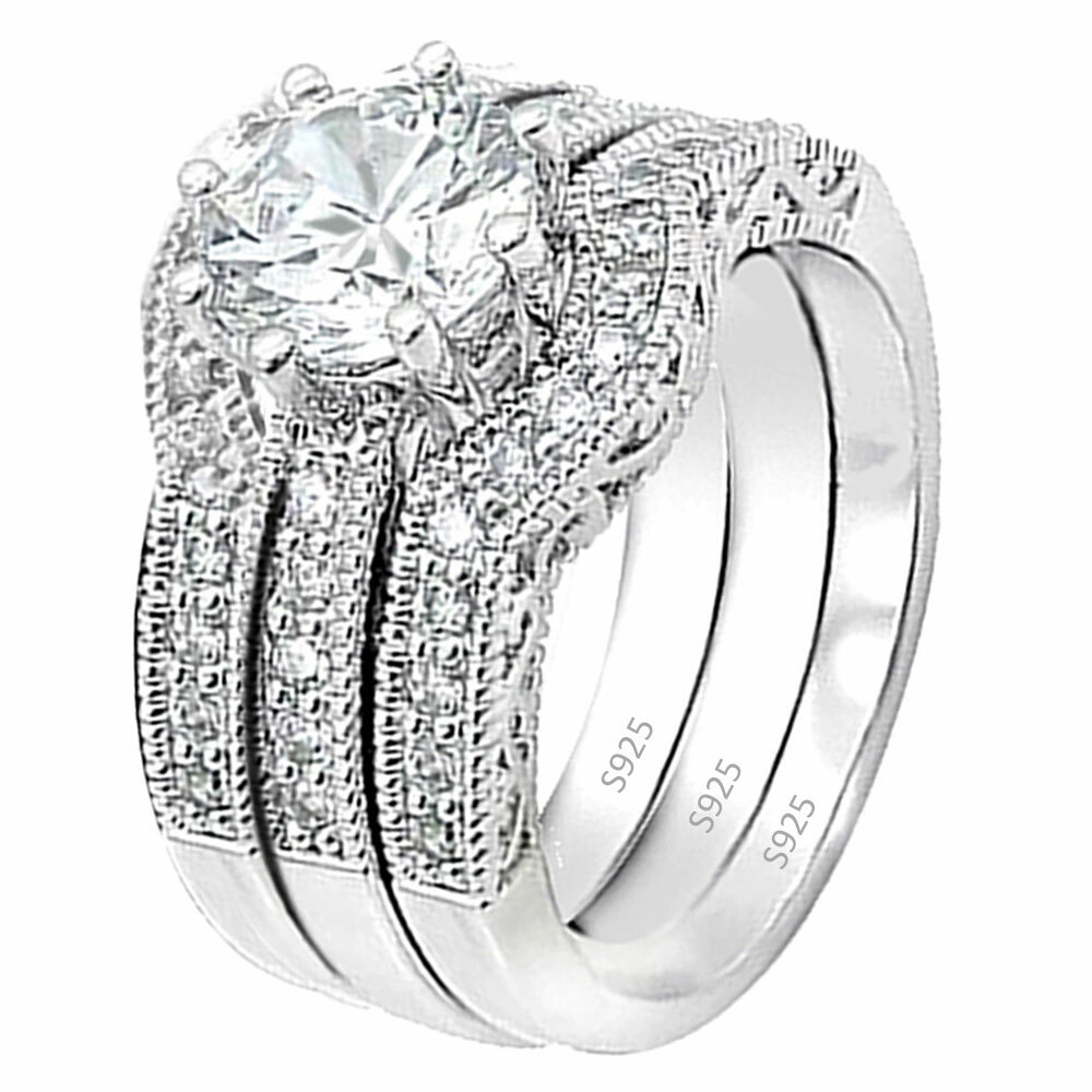 Classic Hers Solid Sterling Silver His Tungsten Wedding Engagement Ring Band Set