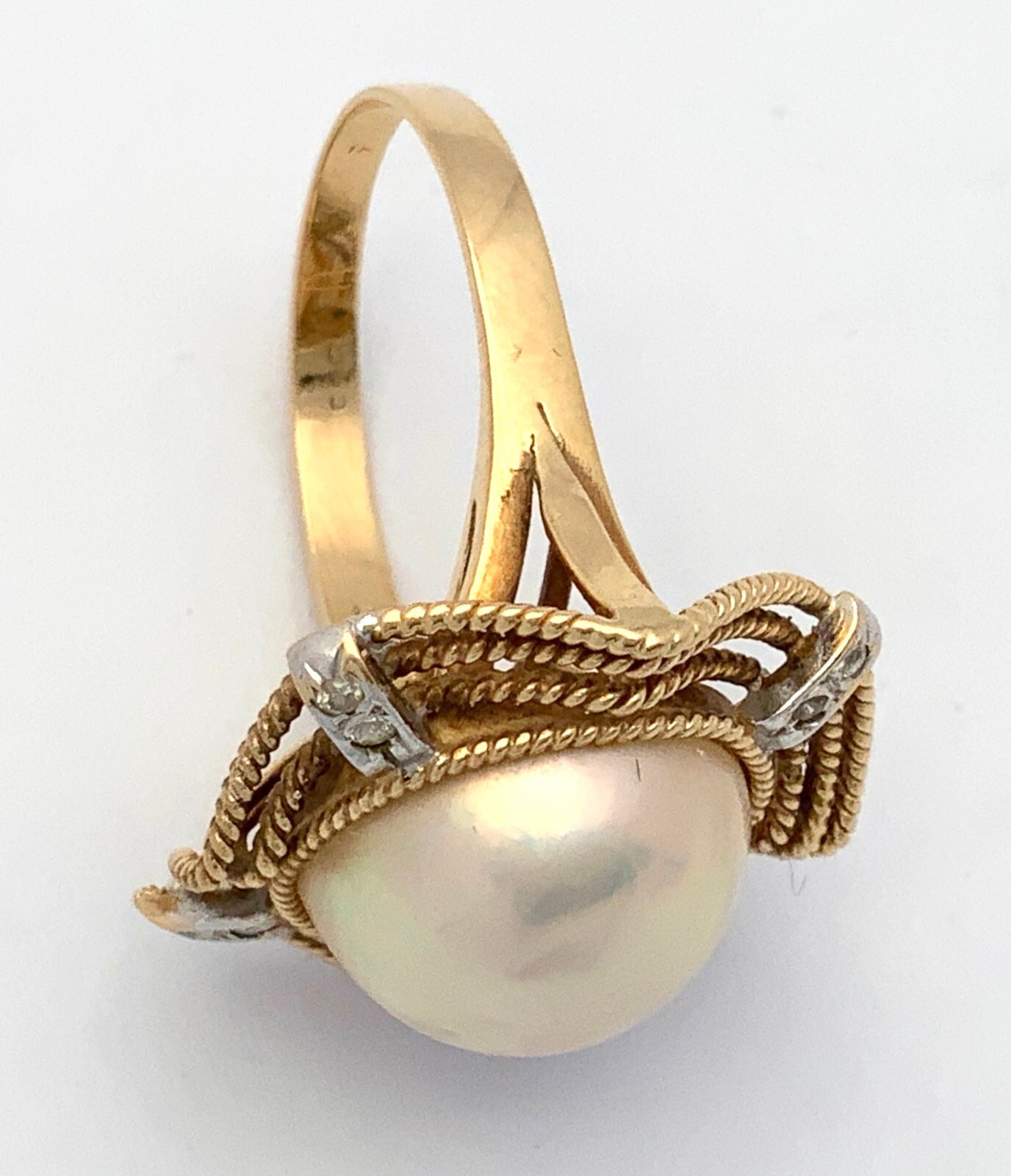 VINTAGE 8 DIAMOND & 12.4MM MABE PEARL 14K GOLD RING