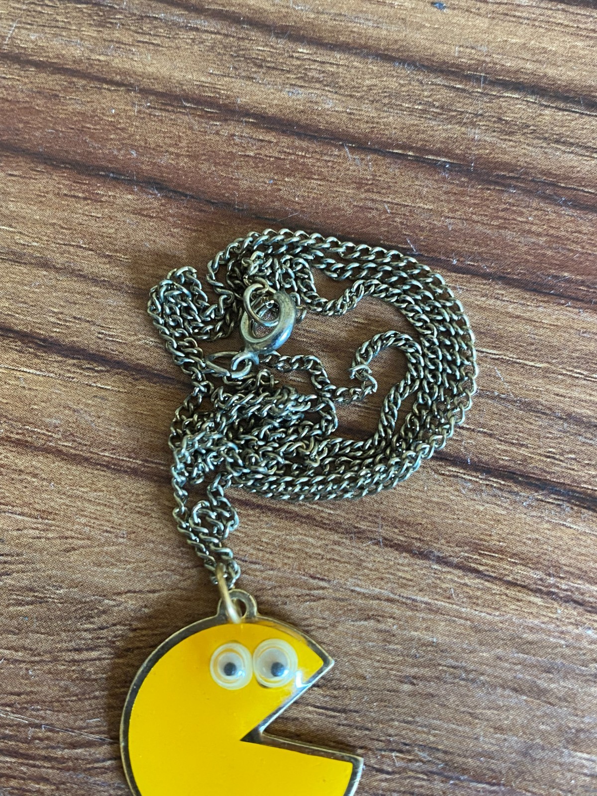 Vintage Pac-Man Googly Eyed Necklaces Rare Yellow Enamel Charm & Chain