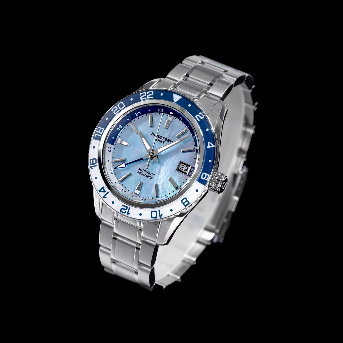 SEESTERN GMT Men Watch Automatic NH34 Sapphire 200M Diver MOP Teal Blue S456